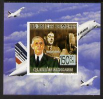 Comoro Islands 2009 French Celebrities individual imperf deluxe sheet #2 - Charles de Gaulle & Concorde unmounted mint as Michel 2239, stamps on personalities, stamps on aviation, stamps on militaria, stamps on de gaulle, stamps on microphones, stamps on concorde, stamps on  ww2 , stamps on  ww1 , stamps on 