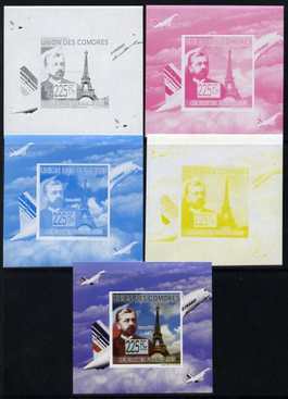 Comoro Islands 2009 French Celebrities individual deluxe sheet #3 - Gustav Eiffel & Concorde - the set of 5 imperf progressive proofs comprising the 4 individual colours plus all 4-colour composite, unmounted mint as Michel 2240, stamps on , stamps on  stamps on personalities, stamps on  stamps on aviation, stamps on  stamps on eiffel tower, stamps on  stamps on concorde, stamps on  stamps on 