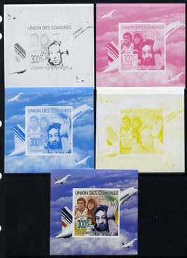Comoro Islands 2009 French Celebrities individual deluxe sheet #4 - Serge Gainsbourg & Concorde - the set of 5 imperf progressive proofs comprising the 4 individual colou..., stamps on personalities, stamps on aviation, stamps on concorde, stamps on music