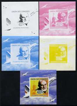 Comoro Islands 2009 French Celebrities individual deluxe sheet #5 - Arman & Concorde - the set of 5 imperf progressive proofs comprising the 4 individual colours plus all..., stamps on personalities, stamps on aviation, stamps on concorde, stamps on arts