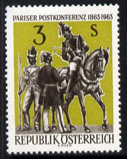 Austria 1963 Centenary of Paris Postal Conference unmounted mint, SG 1394, stamps on postal, stamps on horses, stamps on costumes, stamps on fashion