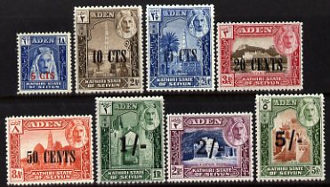 Aden - Kathiri 1951 Surcharged definitive set of 8 unmounted mint SG20-27, stamps on kg6 , stamps on 