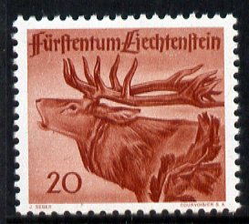 Liechtenstein 1946 Red Deer Stag 20r from Wildlife set unmounted mint, SG 252, stamps on animals, stamps on deer