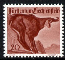 Liechtenstein 1946 Chamois 20r from Wildlife set unmounted mint, SG 255, stamps on animals, stamps on goat, stamps on antelope