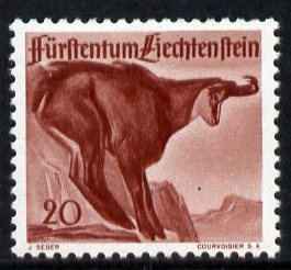 Liechtenstein 1946 Chamois 20r from Wildlife set mounted mint, SG 255, stamps on animals, stamps on goat, stamps on antelope