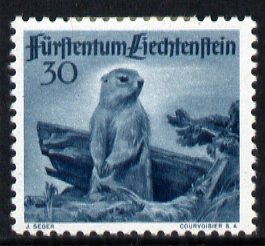 Liechtenstein 1946 Alpine Marmot 30r from Wildlife set mounted mint, SG 256, stamps on animals, stamps on rodents