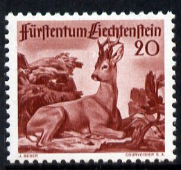 Liechtenstein 1946 Roebuck 20r from Wildlife set mounted mint, SG 283, stamps on animals, stamps on deer