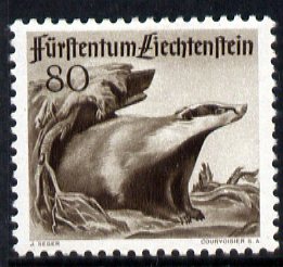 Liechtenstein 1946 Eurasian Badger 80r from Wildlife set mounted mint, SG 285, stamps on animals, stamps on badger