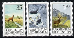 Liechtenstein 1986 Hunting set of 3 unmounted mint, SG 900-02, stamps on animals, stamps on deer, stamps on goat, stamps on antelope, stamps on hunting