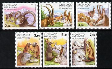 Monaco 1986 Mammals in Mercantour National Park set of 6 unmounted mint, SG 1772-77, stamps on animals, stamps on sheep, stamps on ovine, stamps on ibex, stamps on hare, stamps on rodents, stamps on parks