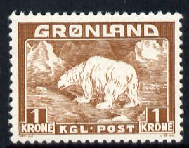 Greenland 1938 Polar Bear 1k brown mounted mint, SG 7, stamps on animals, stamps on polar bear