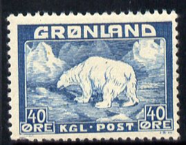 Greenland 1938 Polar Bear 40ore blue mounted mint (pulled perf), SG 6a, stamps on animals, stamps on polar bear