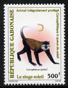 Gabon 1996 Sun-tailed monkey 500f unmounted mint, stamps on animals, stamps on monkey, stamps on 