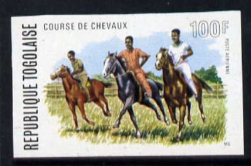 Togo 1974 Horses Racing 100f unmounted mint IMPERF from Horse Racing set of 4, as SG 1031, stamps on animals, stamps on horse racing, stamps on horses, stamps on sport