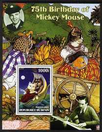 Benin 2003 75th Birthday of Mickey Mouse - The Owl & the Pussy Cat #4 (also shows Elvis & Walt Disney) perf m/sheet unmounted mint. Note this item is privately produced a..., stamps on personalities, stamps on movies, stamps on films, stamps on cinema, stamps on fairy tales, stamps on elvis, stamps on disney, stamps on cats, stamps on owls, stamps on birds of prey, stamps on fruit