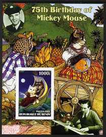 Benin 2003 75th Birthday of Mickey Mouse - The Owl & the Pussy Cat #4 (also shows Elvis & Walt Disney) imperf m/sheet unmounted mint. Note this item is privately produced..., stamps on personalities, stamps on movies, stamps on films, stamps on cinema, stamps on fairy tales, stamps on elvis, stamps on disney, stamps on cats, stamps on owls, stamps on birds of prey, stamps on fruit