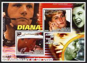 Somalia 2002 Princess Diana 5th Anniversary of Death #06 perf sheetlet containing 2 values with Neil Armstrong, Judy Garland & Walt Disney in background unmounted mint. N..., stamps on personalities, stamps on millennium, stamps on films, stamps on cinema, stamps on disney, stamps on royalty, stamps on diana, stamps on space, stamps on apollo