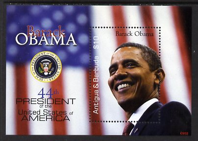 Antigua 2009 Inauguration of Pres Barack Obama $10 perf m/sheet unmounted mint, SG MS4233, stamps on personalities, stamps on usa presidents, stamps on american, stamps on masonics, stamps on masonry, stamps on obama, stamps on flags