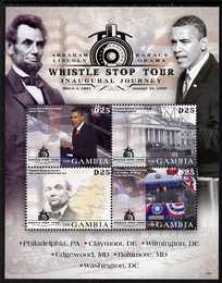 Gambia 2009 Pres Obama Whistle Stop Tour Inaugural Journey perf sheetlet of 4 unmounted mint, stamps on personalities, stamps on usa presidents, stamps on american, stamps on masonics, stamps on masonry, stamps on obama, stamps on railways, stamps on maps, stamps on lincoln, stamps on abraham lincoln