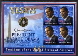 Grenada 2009 Inauguration of Pres Barack Obama perf sheetlet of 4 x $2.75 unmounted mint, SG MS5407, stamps on personalities, stamps on usa presidents, stamps on american, stamps on masonics, stamps on masonry, stamps on obama