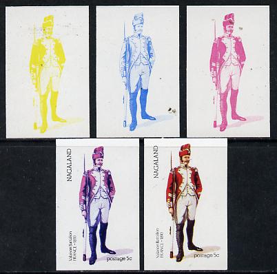 Nagaland 1974 Military Uniforms 5c (French Valaison 1810) set of 5 imperf progressive colour proofs comprising 3 individual colours (red, blue & yellow) plus 3 and all 4-colour composites unmounted mint, stamps on militaria, stamps on uniforms
