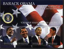 Grenada - Grenadines 2009 Inauguration of Pres Barack Obama perf sheetlet of 4 unmounted mint, SG MS3994, stamps on , stamps on  stamps on personalities, stamps on  stamps on usa presidents, stamps on  stamps on american, stamps on  stamps on masonics, stamps on  stamps on masonry, stamps on  stamps on obama