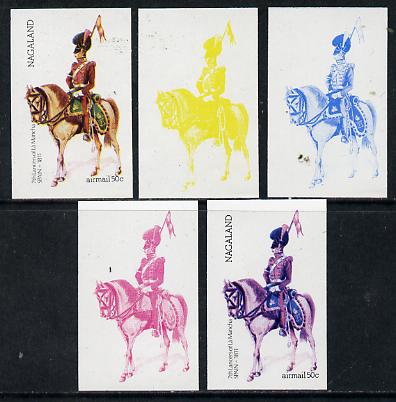 Nagaland 1974 Military Uniforms 50c (Spanish Mounted 7th Lancers 1811) set of 5 imperf progressive colour proofs comprising 3 individual colours (red, blue & yellow) plus 3 and all 4-colour composites, stamps on militaria    horses   animals, stamps on uniforms