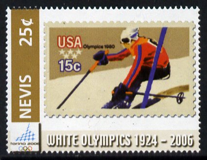 Nevis 2006 Downhill Skier 15c USA stamp on stamp 25c from Winter Olympics set unmounted mint, SG 1962, stamps on sport, stamps on olympics, stamps on stamp on stamp
