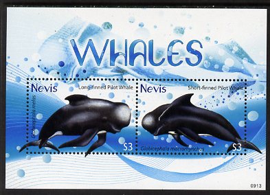 Nevis 2009 Whales perf m/sheet of 2 (Long-finned & Short-finned Pilot Whales), unmounted mint, stamps on marine life, stamps on whales