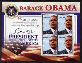 St Kitts 2009 Inauguration of Pres Barack Obama perf sheetlet of 4, unmounted mint SG MS971, stamps on personalities, stamps on usa presidents, stamps on american, stamps on masonics, stamps on masonry, stamps on obama