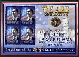 St Vincent 2009 Inauguration of Pres Barack Obama perf sheetlet of 4 x $2.75 unmounted mint SG MS5772, stamps on , stamps on  stamps on personalities, stamps on  stamps on usa presidents, stamps on  stamps on american, stamps on  stamps on masonics, stamps on  stamps on masonry, stamps on  stamps on obama