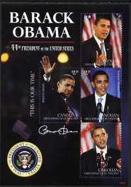 St Vincent - Canouan 2009 Inauguration of Pres Barack Obama perf sheetlet of 4 x $2.75 unmounted mint , stamps on personalities, stamps on usa presidents, stamps on american, stamps on masonics, stamps on masonry, stamps on obama