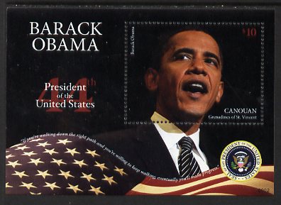St Vincent - Canouan 2009 Inauguration of Pres Barack Obama perf m/sheet unmounted mint , stamps on personalities, stamps on usa presidents, stamps on american, stamps on masonics, stamps on masonry, stamps on obama