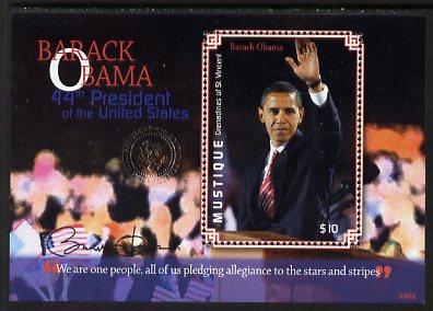 St Vincent - Mustique 2009 Inauguration of Pres Barack Obama perf m/sheet unmounted mint , stamps on personalities, stamps on usa presidents, stamps on american, stamps on masonics, stamps on masonry, stamps on obama