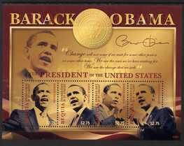 St Vincent - Bequia 2009 Inauguration of Pres Barack Obama perf sheetlet of 4 x $2.75 unmounted mint , stamps on personalities, stamps on usa presidents, stamps on american, stamps on masonics, stamps on masonry, stamps on obama