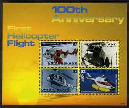 St Vincent - Union Island 2007 100th Anniversary of First Helicopter Flight perf sheetlet of 4 x $2 unmounted mint , stamps on aviation, stamps on helicopters
