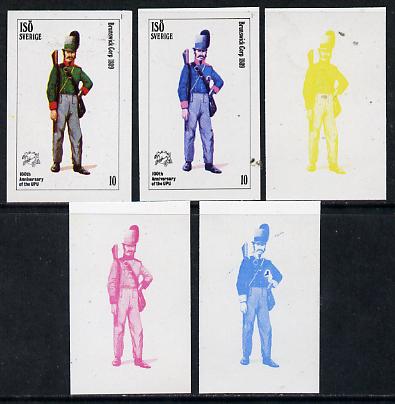 Iso - Sweden 1974 Centenary of UPU (Military Uniforms) 10 (Brunswick Corp 1809) set of 5 imperf progressive colour proofs comprising 3 individual colours (red, blue & yellow) plus 3 and all 4-colour composites unmounted mint, stamps on , stamps on  stamps on militaria    upu, stamps on  stamps on uniforms, stamps on  stamps on  upu , stamps on  stamps on  iso , stamps on  stamps on 