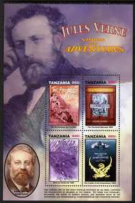 Tanzania 2005 Death Centenary of Jules Verne perf sheetlet 4 x 800s (The Archipelago of Fire etc) unmounted mint, SG MS2466a, stamps on literature, stamps on jules verne, stamps on dragons, stamps on diamonds