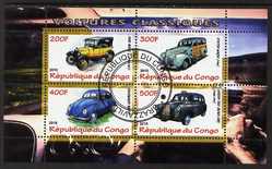 Congo 2010 Classic Cars perf sheetlet containing 4 values fine cto used, stamps on cars, stamps on ford, stamps on taxi, stamps on  vw , stamps on 