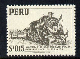 Peru 1951 Steam Locomotive 15c grey unmounted mint, SG 777, stamps on , stamps on  stamps on railways