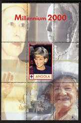Angola 2000 Millennium 2000 - Princess Diana #1 perf s/sheet (with Scout logo & Members of the Royal Family in background) unmounted mint. Note this item is privately produced and is offered purely on its thematic appeal , stamps on personalities, stamps on royalty, stamps on diana, stamps on scouts, stamps on millennium, stamps on queen mother, stamps on 