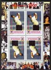 Angola 2000 Millennium 2000 - Tiger Woods perf sheetlet containing 4 values (2 tete-beche pairs) with Scout logo (margin shows Churchill, Agasi, Satchmo, Sinatra etc) unmounted mint. Note this item is privately produced and is offered purely on its thematic appeal, stamps on sport, stamps on scouts, stamps on golf, stamps on churchill, stamps on jazz, stamps on tennis, stamps on millennium, stamps on personalities, stamps on sinatra, stamps on space, stamps on baseball, stamps on constitutions, stamps on  ww2 , stamps on masonry, stamps on masonics, stamps on human rights, stamps on peace, stamps on nobel, stamps on racism, stamps on 