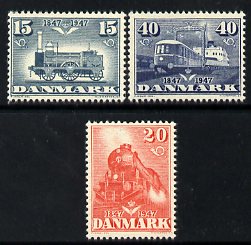 Denmark 1947 Railway Centenary set of 3 unmounted mint SG 353-5, stamps on railways