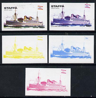 Staffa 1974 Steam Liners 10p (SS Stavangerfjord 1918) set of 5 imperf progressive colour proofs comprising 3 individual colours (red, blue & yellow) plus 3 and all 4-colour composites unmounted mint, stamps on ships