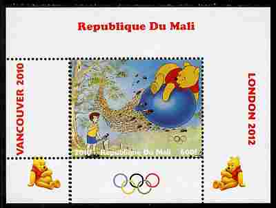 Mali 2010 Winnie the Pooh with Olympic Rings individual perf deluxe sheet #3 unmounted mint. Note this item is privately produced and is offered purely on its thematic appeal, stamps on olympics, stamps on disney, stamps on films, stamps on cinena, stamps on movies, stamps on pooh, stamps on bears, stamps on bees