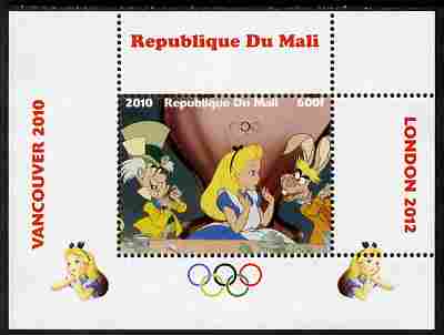 Mali 2010 Alice in Wonderland with Olympic Rings individual perf deluxe sheet #1 unmounted mint. Note this item is privately produced and is offered purely on its thematic appeal, stamps on olympics, stamps on disney, stamps on films, stamps on cinena, stamps on movies, stamps on 