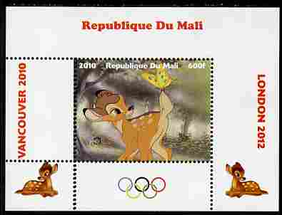 Mali 2010 Bambi with Olympic Rings individual perf deluxe sheet #1 unmounted mint. Note this item is privately produced and is offered purely on its thematic appeal, stamps on olympics, stamps on disney, stamps on films, stamps on cinena, stamps on movies, stamps on deer