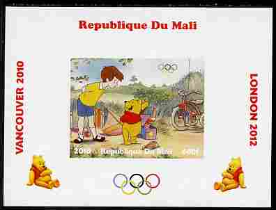 Mali 2010 Winnie the Pooh with Olympic Rings individual imperf deluxe sheet #1 unmounted mint. Note this item is privately produced and is offered purely on its thematic appeal, stamps on olympics, stamps on disney, stamps on films, stamps on cinena, stamps on movies, stamps on pooh, stamps on bears, stamps on bicycles, stamps on bees