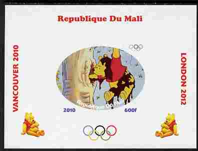 Mali 2010 Winnie the Pooh with Olympic Rings individual imperf deluxe sheet #2 unmounted mint. Note this item is privately produced and is offered purely on its thematic appeal, stamps on olympics, stamps on disney, stamps on films, stamps on cinena, stamps on movies, stamps on pooh, stamps on bears, stamps on bees