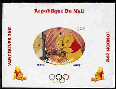 Mali 2010 Winnie the Pooh with Olympic Rings individual imperf deluxe sheet #4 unmounted mint. Note this item is privately produced and is offered purely on its thematic appeal, stamps on olympics, stamps on disney, stamps on films, stamps on cinena, stamps on movies, stamps on pooh, stamps on bears, stamps on bees
